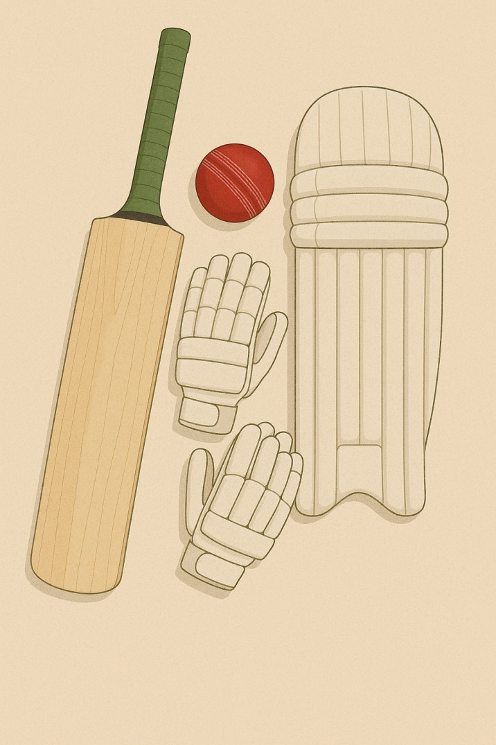 Cricket equipment including bat, ball, pads and gloves used in professional matches