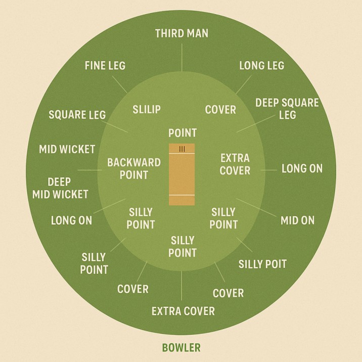 Cricket fielding positions diagram showing off side and leg side areas