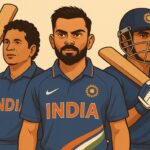 Illustration of Indian cricket legends Sachin Tendulkar, Virat Kohli, and MS Dhoni wearing India jerseys, holding cricket bats, representing famous cricket icons.