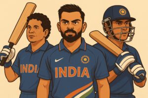 Illustration of Indian cricket legends Sachin Tendulkar, Virat Kohli, and MS Dhoni wearing India jerseys, holding cricket bats, representing famous cricket icons.