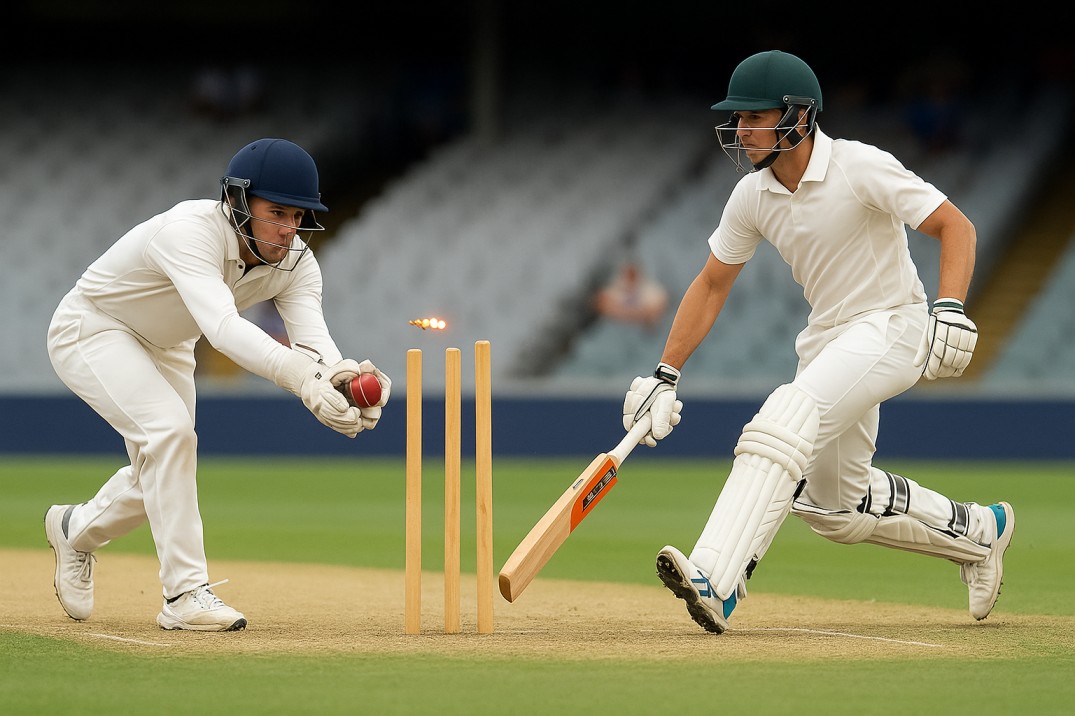 Cricket run out action showing fielder breaking stumps as batsman dives to crease