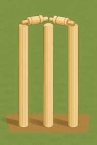 Close-up of cricket wickets showing stumps and bails on the pitch