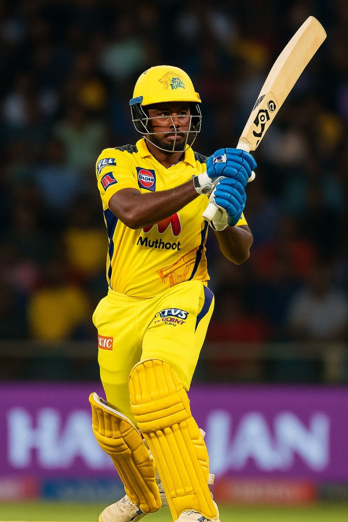 Sanju Samson wearing a Chennai Super Kings themed jersey in a cricket action image