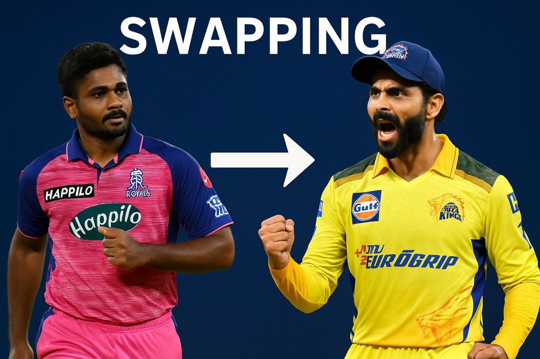 image showing Sanju Samson and Ravindra Jadeja in swapped IPL team jerseys